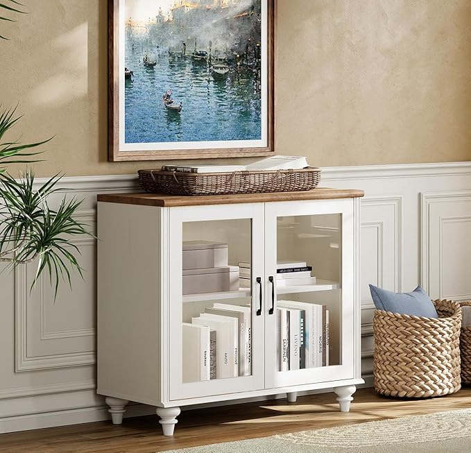 WAMPAT TV Stand for 43 Inch, Wood Console Table Storage Cabinet for Living Room, Kitchen Sideboard Buffet Cabinet With Glass Door for Dining Room, Off White