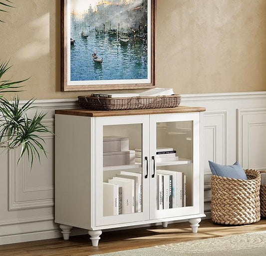 WAMPAT TV Stand for 43 Inch, Wood Console Table Storage Cabinet for Living Room, Kitchen Sideboard Buffet Cabinet With Glass Door for Dining Room, Off White