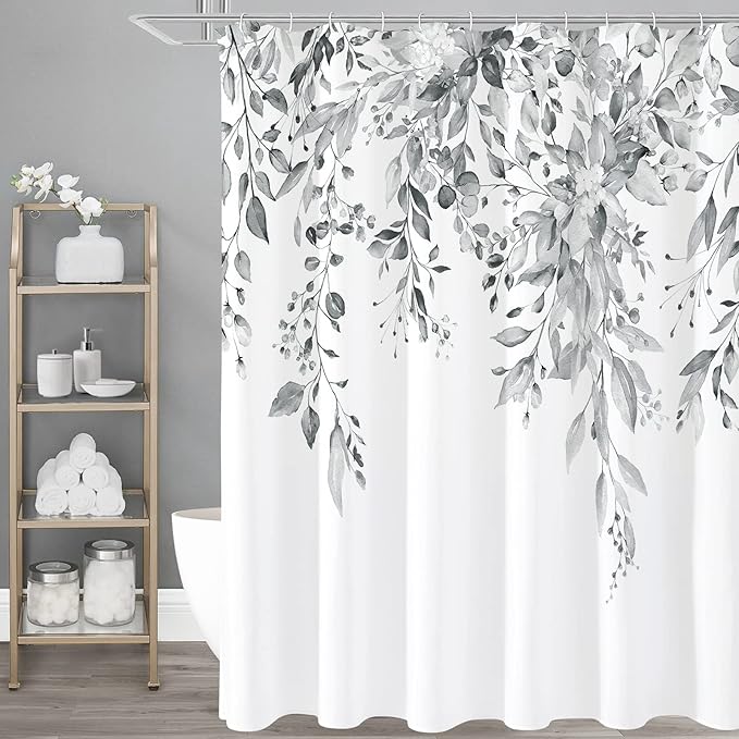 Gibelle Long Shower Curtain 72 x 78, Grey Floral Shower Curtain for Bathroom, Watercolor Plant Eucalyptus Leaves Fabric Shower Curtain Set with Hooks