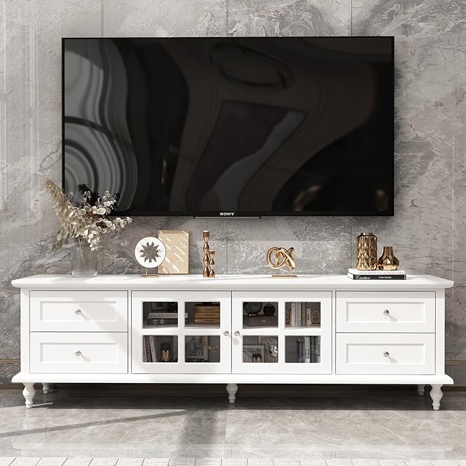 AIEGLE Mid-Century TV Stand for 75+ Inch TVs, 70.9" W Entertainment Center with Glass Doors, 4 Drawers & Cable Management, Media Console Cabinet, Light