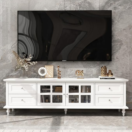 AIEGLE Mid-Century TV Stand for 75+ Inch TVs, 70.9" W Entertainment Center with Glass Doors, 4 Drawers & Cable Management, Media Console Cabinet, Light