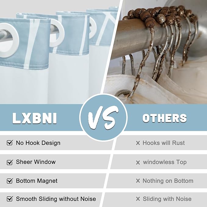 No Hook Light Blue Striped Shower Curtain with Snap in Liner Set - Hotel Shower Curtain and Liner Set with See Through Mesh Top Window,Machine Washable, 71x74 INCH