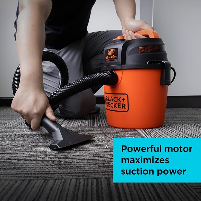 BLACK+DECKER Shop Vacuum Wet and Dry, Mini Shop Vac with Accessories, 2.5 Gallon 3 HP, Small Vacuum for Garage, Home and Pet, 80 CFM, BDXV18134PA
