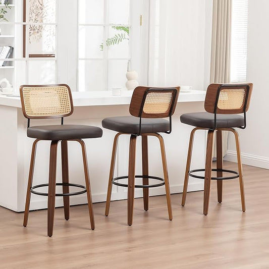 Swivel Counter Height Stools - 26 inch Counter Stools Set of 3 with Curved Rattan Back, Walnut Craftsmanship, Upholstered Seat, Counter Height Bar Stool for Island/Pub/Kitchen (26" Seat Height, Brown)