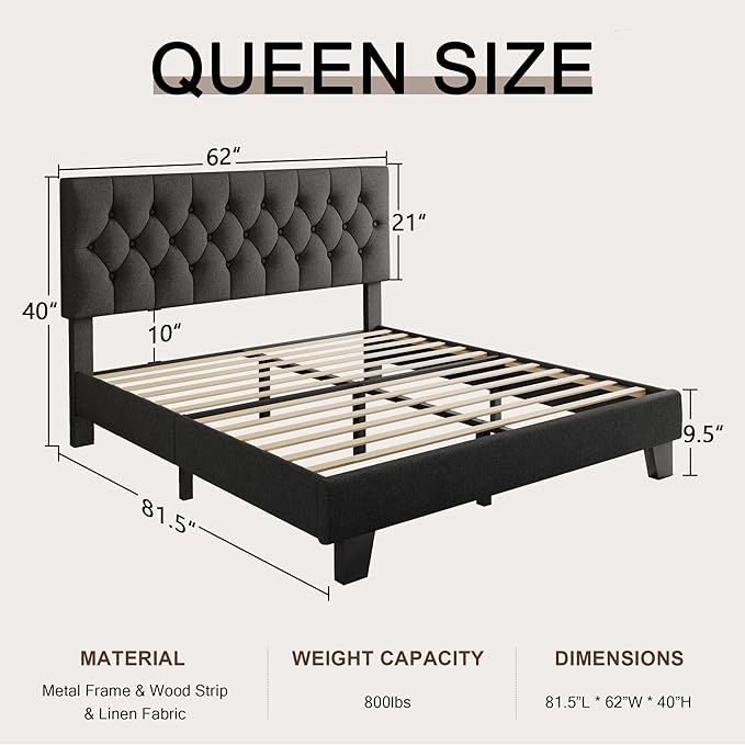 Queen Upholstered Bed Frame with Headboard, Button Tufted Linen Bed Base, Platform Bed with Wood Slat, Heavy Duty, Easy Assembly, No Box Spring Needed, Dark Gray