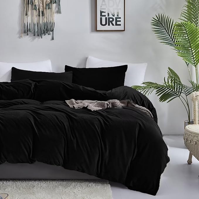 Cottonight Velvet Comforter Set - Cal King Black Flannel Bedding - Plush Fluffy Blanket Quilts - Modern Winter Warm Thick Solid Black Bedding Set