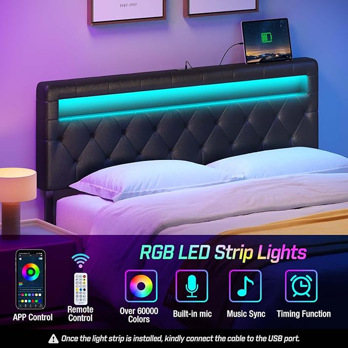 GREENSTELL Headboard for Queen Size Bed with 60,000 DIY color of LED Light, USB & Type C Post, Attach Frame, Height Adjustable, Black Wall Mounted Head Boards Only, Sturdy & Stable, Comfortable, Queen