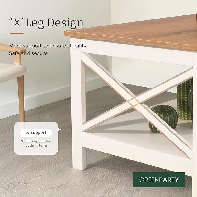 GREEN PARTY Coffee Tables for Living Room, Simple Wooden Stable Coffee Table with Shelf,Open Storage Space with Large Capacity Coffee Table,40 Inches, White