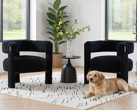 Black Boucle Barrel Accent Chairs Set of 2, Comfy Upholstered Living Room Chairs Mid-Century Modern Reading Chair with Open Back Round Corner Armchairs, Side Sitting Lounge Chairs for Bedroom/Office