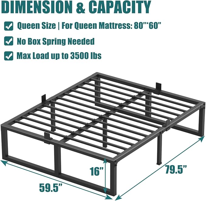 16 inch Queen Bed Frame,3500 lbs Heavy Duty Metal Platform,Steel Slats Support/No Box Spring Needed/Noise Free/Non-Slip/Easy Assembly