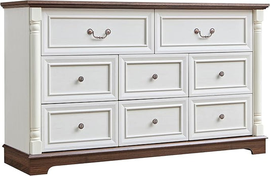 Farmhouse 8 Drawer Dresser with Roman Column Design, 54" Long Wood Chest of Drawers for Bedroom,Living Room, Antique White