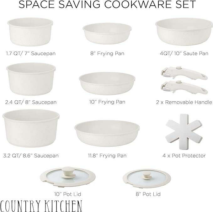 Country Kitchen Cookware Set with Removable Handle, Oven & RV Safe Pots and Pans Set, Cream, Deluxe Larger Set
