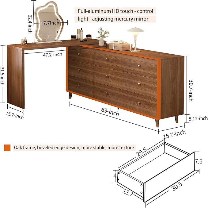Makeup Vanity Desk with Cloud HD Lighted Mirror, 70-110in Extendable Modern Vanity Table, 6-Drawer Solid Wood Frame Storage Cabinet, Dressing Table for Bedroom, Brown