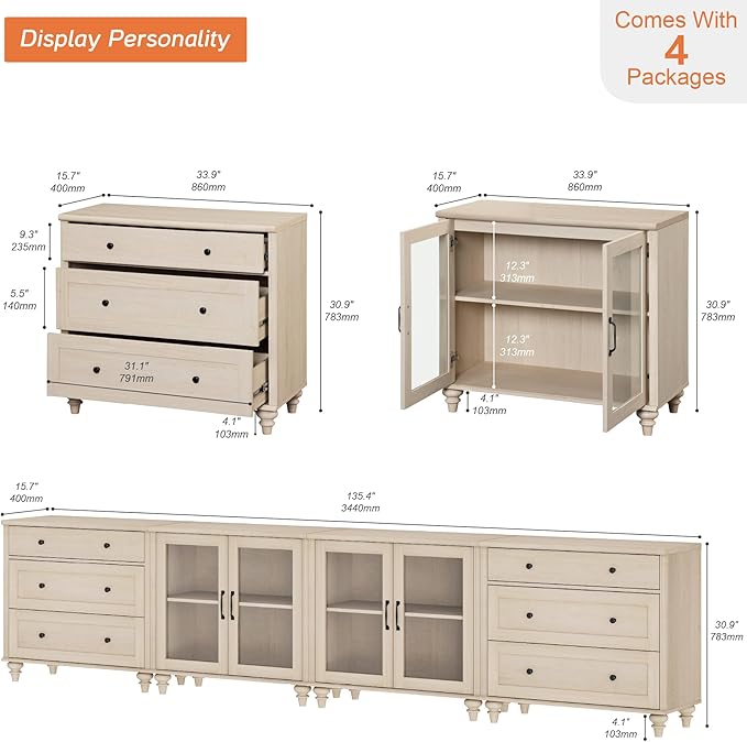 WAMPAT Modern TV Stand, 4 in 1 Entertainment Center with Storage Cabinets and 4 Glass Door, Media Console with 6 Drawer Dresser for Living Room, Light Oak