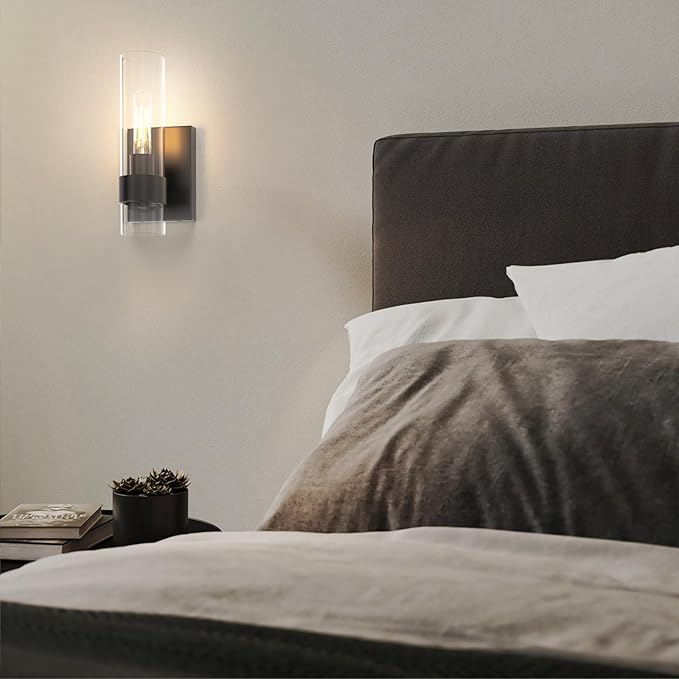 Zevluck 1-Light Wall Sconce, Matte Black Bathroom Vanity Light with Cylinder Clear Glass, Modern Hardwired Vanity Wall Lamps for Bathroom, Bedroom, Living Room, Stairs, Hallway