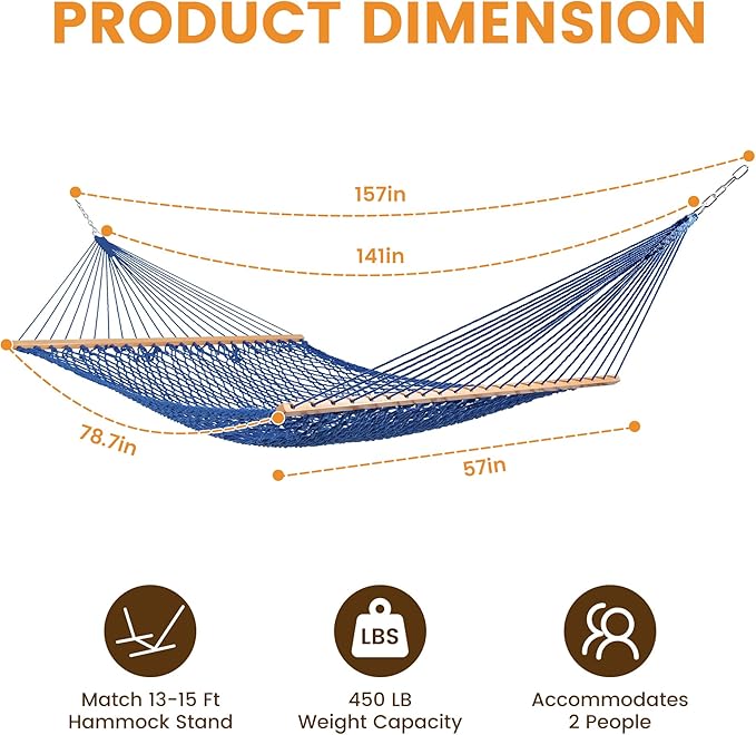 Lazy Daze Hammocks 12FT Double Rope Hammocks, 2 Person Hand Woven Cotton Hammock with Spreader Bar for Outdoor, Indoor, Patio, Poolside, FIT 13-15 Foot Stand, Max 450 Lbs, Blue, 141 x 57 inches