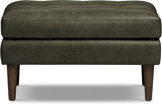 POLY & BARK Napa Ottoman - Full-Grain Leather Upholstered Ottoman with Feather-Down Topper - Couch for Living Room - Vintage Italian Leather in Olivine Green