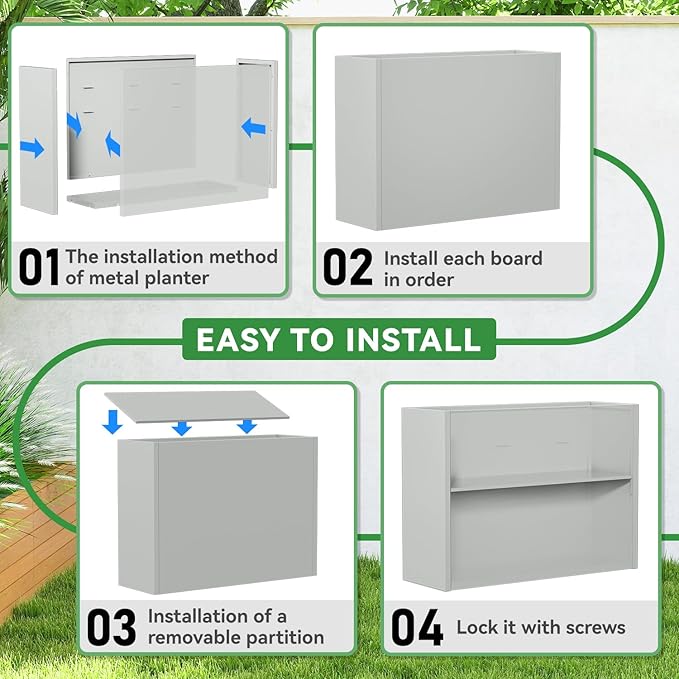 Metal Planter, 38L x 10W x 30H, Heavy Duty Tall Planters for Outdoor Plants, Planters with Removable Insert Shelf, Large Planters with Drainage Holes for Porch, Patio and Yard, Grey