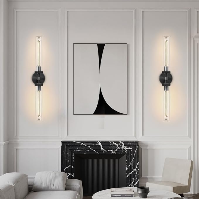 Black Wall Sconces Hardwired, 30" Bronze Wall Sconce for Bathroom, Linear Sconces Wall Lighting, 2-Light Knurled Wall Sconce Dimmable, Vanity Light with Tube Glass, Bathroom Light Fixtures over Mirror