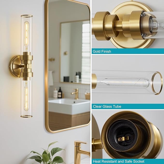 Bathroom Light Fixtures, Gold Wall Sconce in Clear Glass Vanity Lights, Modern Bathroom Vanity Light Up and Down Sconces Wall Lighting for Living Room, Hallway, Bedroom - Bulb Not Included