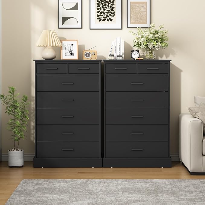 EPHEX Tall Dresser with 7 Drawers for Bedroom, Storage Tower Clothes Organizer, White Chest of Sturdy Pedestal, 27.6'' W x 15.8'' D 44.1'' H Black