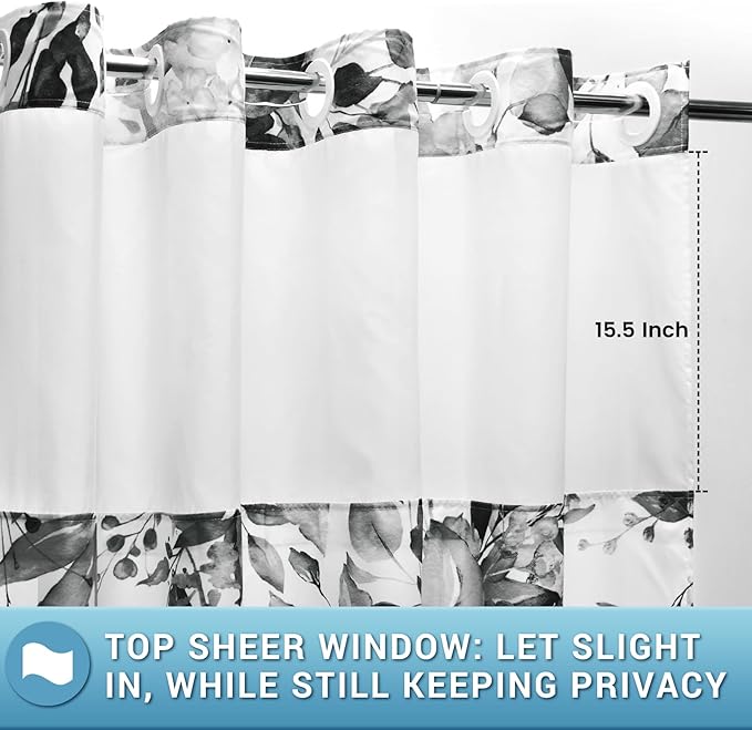 No Hook Shower Curtain with Snap in Liner - Eucalyptus Shower Curtain - Washable Waterproof Inner Liner, Plants Black Leaves Modern Shower Curtains - Machine Washable, 71 x 80