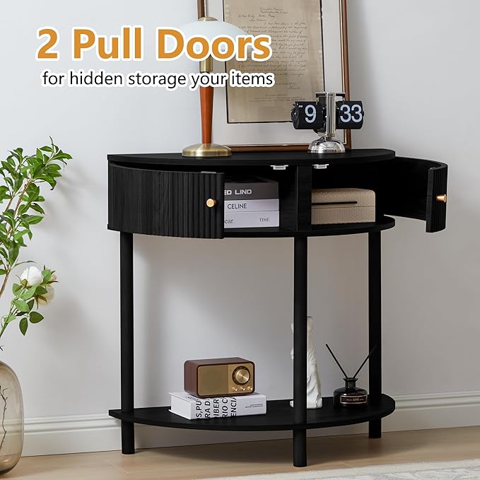 Fluted Half Moon Console Table, Modern Small Entry Table Sofa Table with Storage, Solid Wood Legs Narrow Entryway Table for Living Room, Hallway, Foyer(Black)