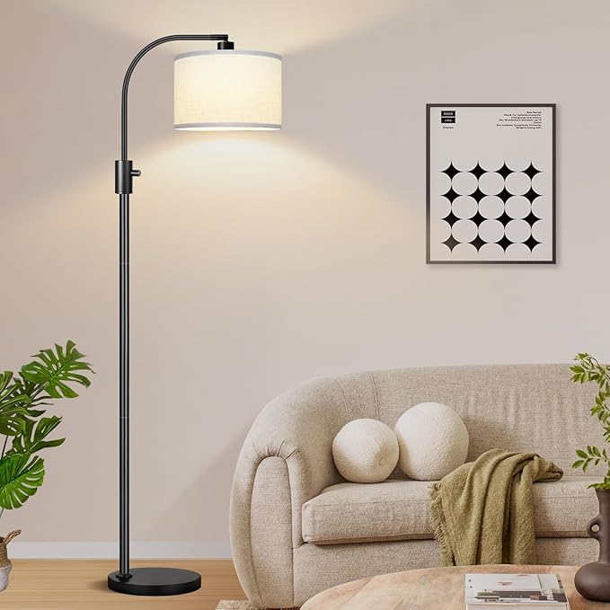 [Upgraded] Dimmable Floor Lamp, 1200 Lumens LED Edison Bulb Included, Arc Floor Lamps for Living Room Modern Standing Lamp with White Shade, Black Tall Lamp for Living Room Bedroom Office Dining Room