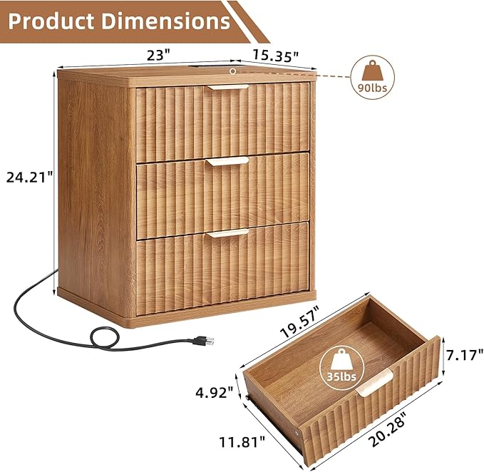 LEYAOYAO Fluted Farmhouse Nightstand Set of 2 with Charging Station, 23" Wide 2 & 3 Drawers Large End Table with Metal Handle, Brown Night Stand Bedside Table, Wood Dresser for Bedroom,Closet