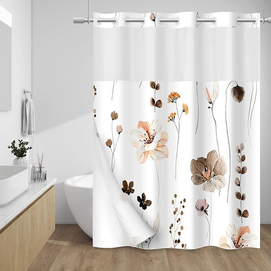 No Hook Shower Curtain with Snap in Liner - Floral Shower Curtain - Fabric Waterproof Inner Liner, Plants Watercolor Brown Modern Cloth Shower Curtains - Machine Washable, 71 x 74