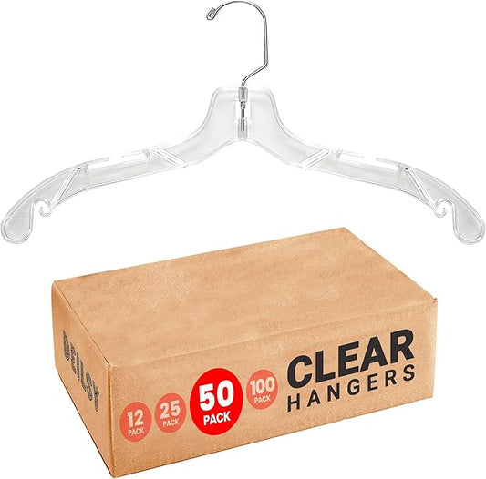 DEILSY™ Clear Plastic Hangers 50 Pack - Durable Clothes Hanger for Wardrobe Organization, Essential Plastic Hanger for Garments, Versatile Coat Hangers for Home and Retail Use