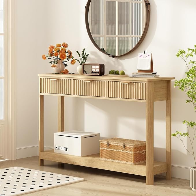 RUSTOWN Fluted Wood Console Table with 3 Drawers, Boho Narrow Behind Couch Entryway Table with Open Storage Shelf, Modern Sofa Table for Living Room, Foyer and Hallway (Natural Wood)