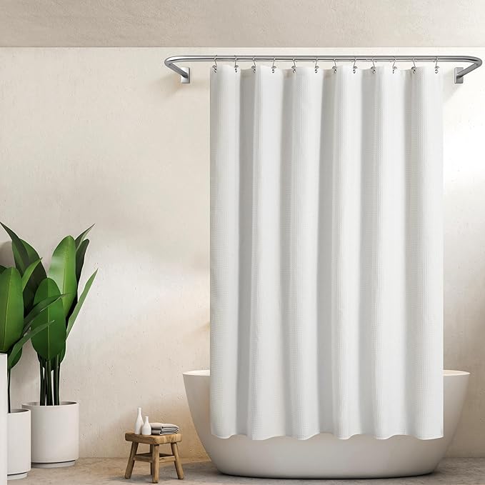 Barossa Design Waffle Weave White Shower Curtain Hotel Luxury Quality, Fabric Shower Curtains for Bathroom, Pique Pattern Cloth, Water Repellent and Machine Washable, Standard Size 71" x 72"