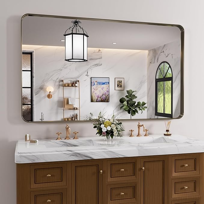 Bronze Bathroom Mirror 60x30 Inch, Brushed Bronze Metal Frame Mirror for Wall, Rounded Rectangle Bathroom Vanity Mirror with Tempered Glass, Anti-Rust, Horizontal/Vertical