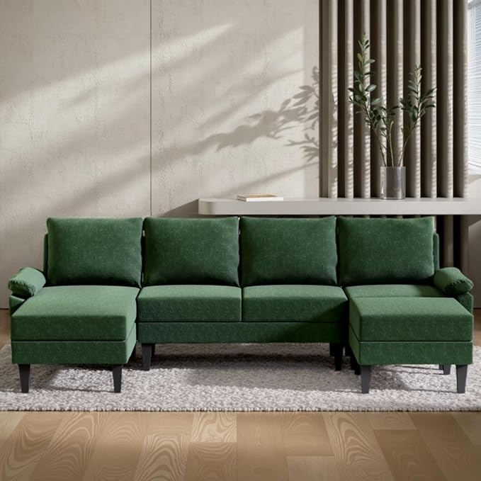110 Inch U Shaped Sectional Couch with Storage Space, 6-Seat Sofa with Moveable Ottoman, Modern Modular Sofa for Living Room, Apartment, Green