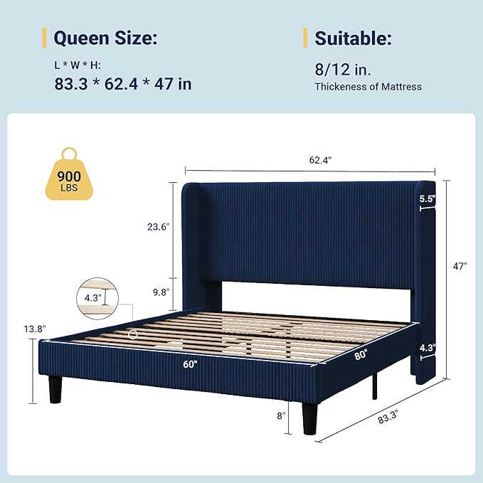 Allewie Queen Size Bed Frame with Upholstered Wingback Headboard, Vertical Channel Tufted Corduroy Velvet Platform Bed, Strong Wooden Slats Support, No Box Spring Needed, Easy Assembly, Dark Blue