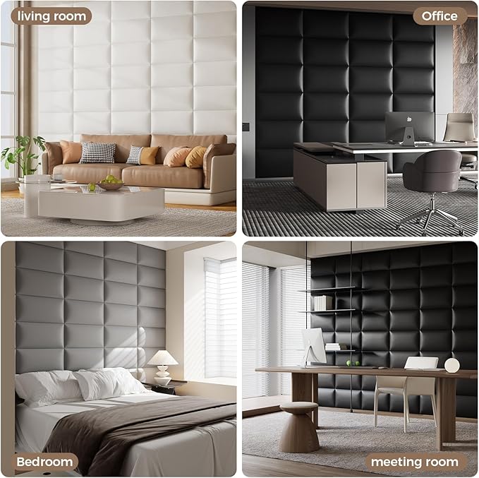 Black Stick-On Wall Mounted Headboard - 12-Piece Modular Bed Backboard for Queen Size Beds, 24 x 12 Inches Each, Easy-to-Install Sound-Proofing Decorative Bed Headboard Queen