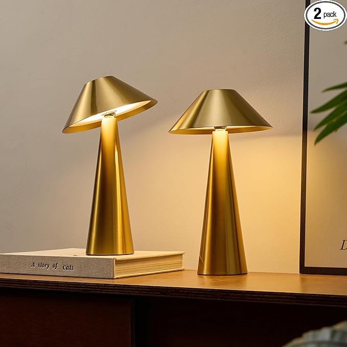 Bojim 2 Pack Rechargeable Cordless Table Lamp, Gold LED Battery Operated Wireless Table Lights, Touch for Color Changing Dimmable, IP54 Waterproof for Restaurant, Dining, Outdoor, Patio, Outside