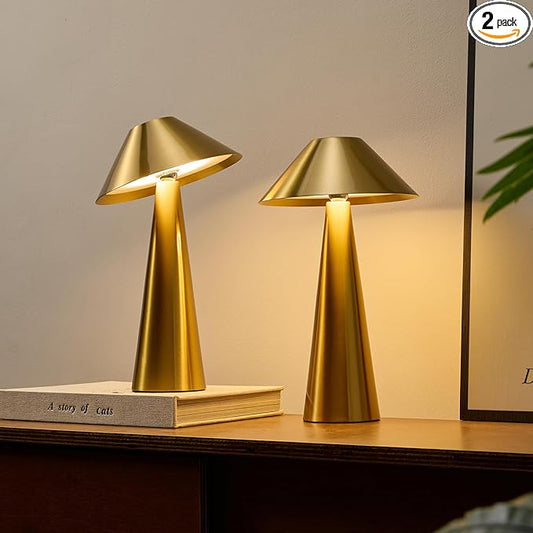 Bojim 2 Pack Rechargeable Cordless Table Lamp, Gold LED Battery Operated Wireless Table Lights, Touch for Color Changing Dimmable, IP54 Waterproof for Restaurant, Dining, Outdoor, Patio, Outside