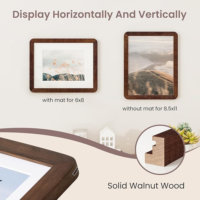 8.5 by 11 Picture Frame - Solid Walnut Wood 8.5x11 Frame, 8 1/2 x 11 Diploma Frame With Mat For 6x8, Tabletop/Wall Display, Hanging Hardware Included, Certificate Document Frame, Natural Walnut