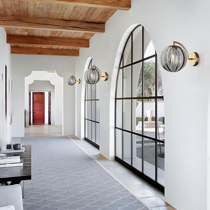 KCO Lighting 1-Light Smoked Glass Wall Sconces Brushed Brass Wall Sconce Light Gold Globe Wall Light Fixtures Vintage Bathroom Wall Lamp Modern Round Wall Sconce