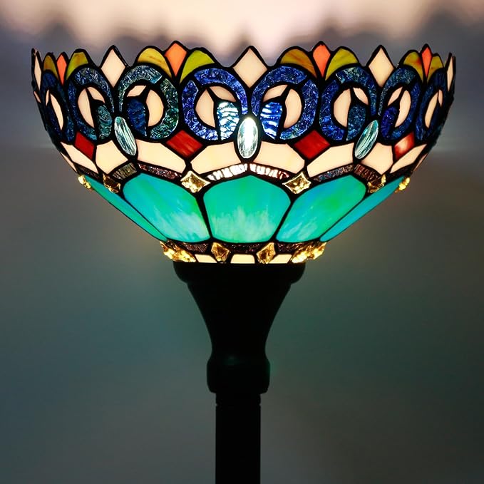Tiffany Floor Lamp Torchiere Stained Glass Torch Lamp 12X12X67 Inch Antique Standing Corner Light (Blue Jewelry Baroque)