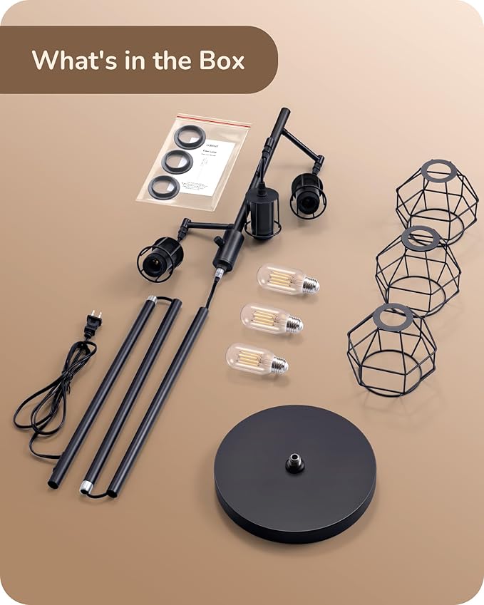 EDISHINE Dimmable Farmhouse Floor Lamp, Industrial Standing Lamp for Living Room, 3 LED Edison Bulbs Included, Black Corner Rustic Tall Tree Reading Lamps Home Decor for Bedroom, Office