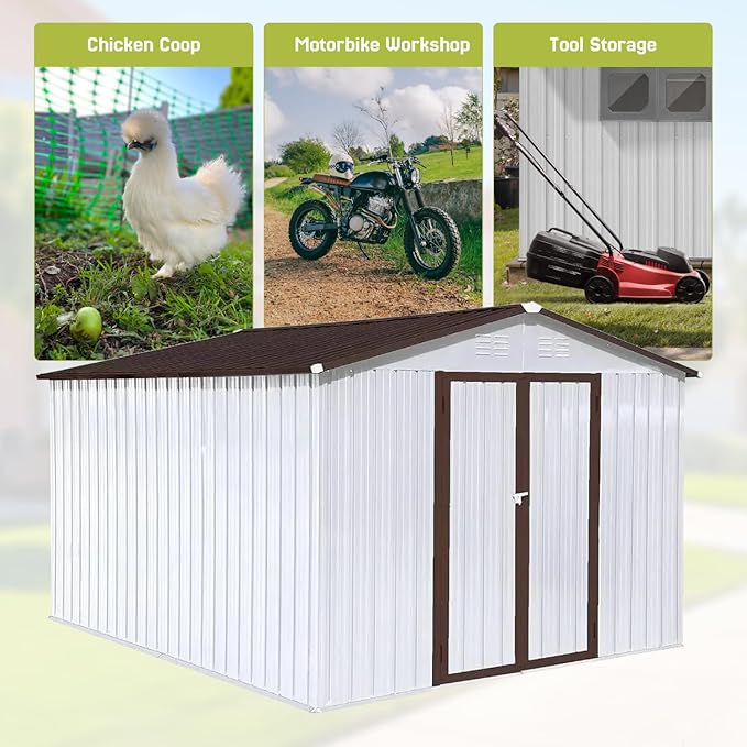 10' x 8' XL Outdoor Storage Shed, Sturdy Metal Building w/Lockable Doors for Garden, Backyard, Poolside and Lawn, Brown+White