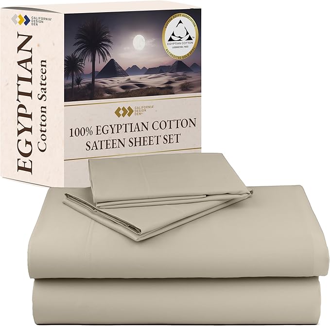 California Design Den Certified Luxury Queen Bed Sheets Set, 100% Egyptian Cotton Deep Pocket Bed Sheets Set, Sateen Cooling Sheets for Hot Sleepers, Beige Sheets Queen
