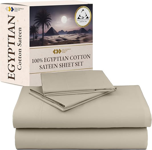 California Design Den Certified Luxury 100% Egyptian Cotton Sheets Set - California King Sheets Deep Pocket Set, Sateen Weave, Soft and Durable Luxury Bedding, Ideal for Hot Sleepers - Beige