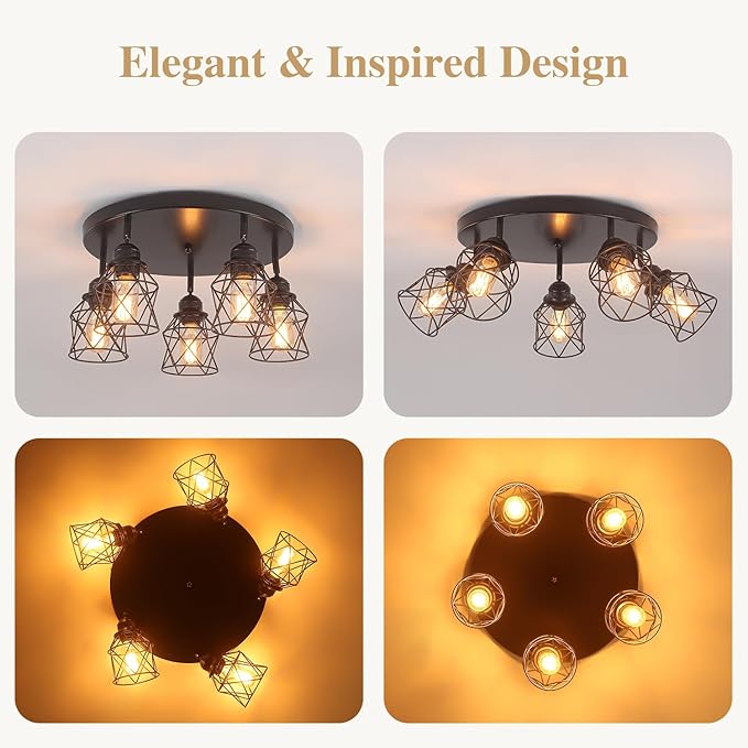 5-Lights Kitchen Light Fixtures Ceiling Mount, Adjustable Multi-Directional Black Flush Mount Ceiling Light, Retro Metal Cage Farmhouse Close to Ceiling Light Fixture for Hallway Dining Room Entryway