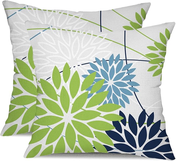 Green and Dark Light Blue Floral Pillow Covers 18x18 Set of 2 Outdoor Pillows Covers Waterproof Summer Pillowcovers Polyester Cushion Case Decor for Couch Patio Funiture Garden Porch 01U18
