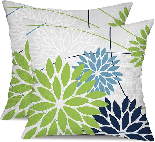 Green and Dark Light Blue Floral Pillow Covers 18x18 Set of 2 Outdoor Pillows Covers Waterproof Summer Pillowcovers Polyester Cushion Case Decor for Couch Patio Funiture Garden Porch 01U18