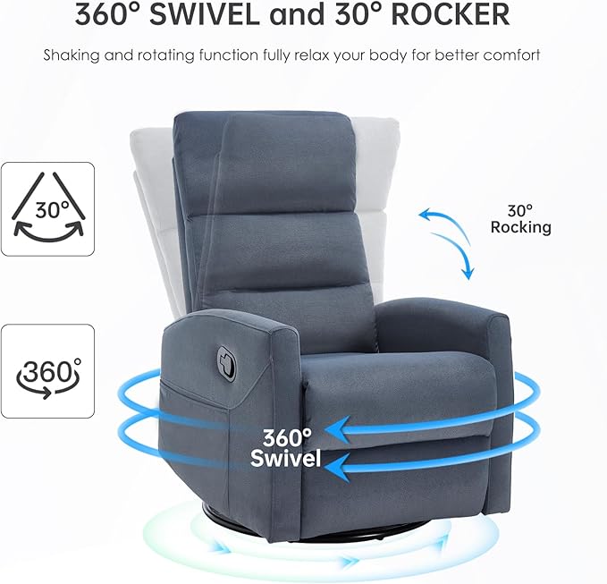 360° Swivel Rocker Recliner Chair for Small Spaces, Manual Reclining Chair for Adults, Rocking Glider for Nursery, Living Room, Bedroom, Fabric Blue Grey